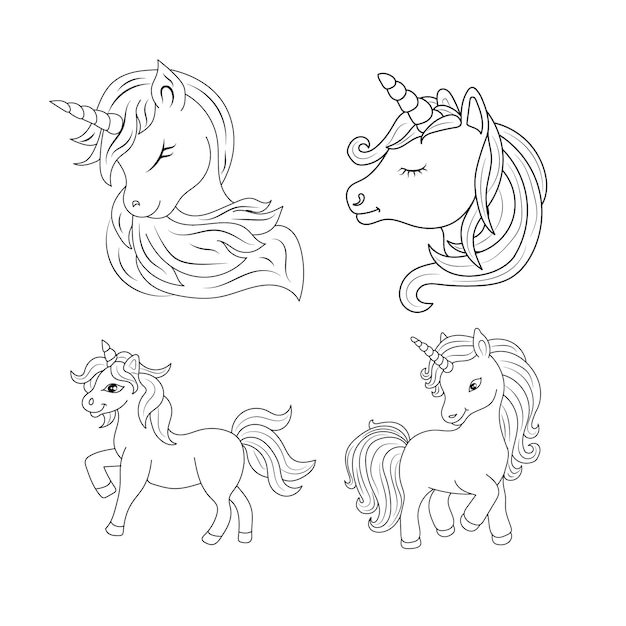 Children Coloring page design with cute unicorn set