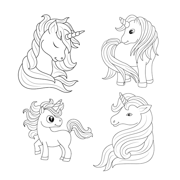 Children Coloring page design with cute unicorn set