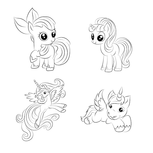 Children Coloring page design with cute unicorn set