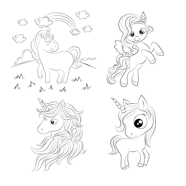 Children Coloring page design with cute unicorn set