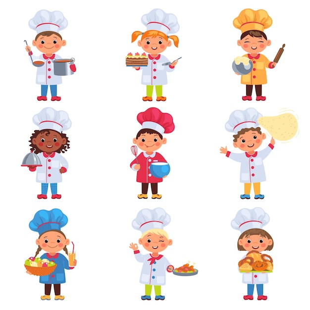 Children cooks Little chefs with kitchen tools Boys and girls cooking food Cookers hats and workwear Professional training Kids baking cakes or bread Vector cuisine workers set