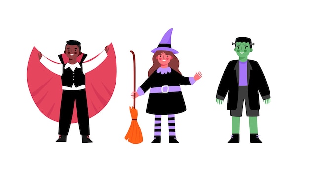 Children in cute costumes for Halloween. Witch, vampire, dracula, Frankenstein's monster,zombie.