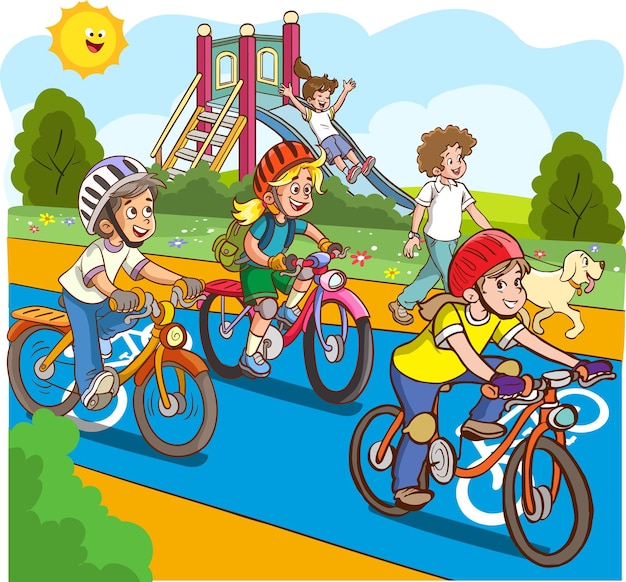 children cycling and skateboarding the bike path cartoon vector