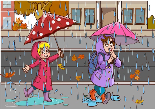 children dancing in the rain cartoon vector