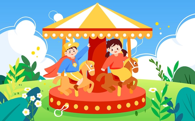 Children day kids sit on a carousel at the playground with plants and clouds in the background