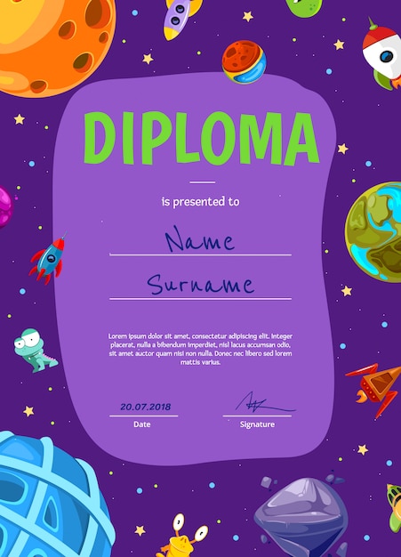  children diploma or certificate template with cartoon space planets and ships