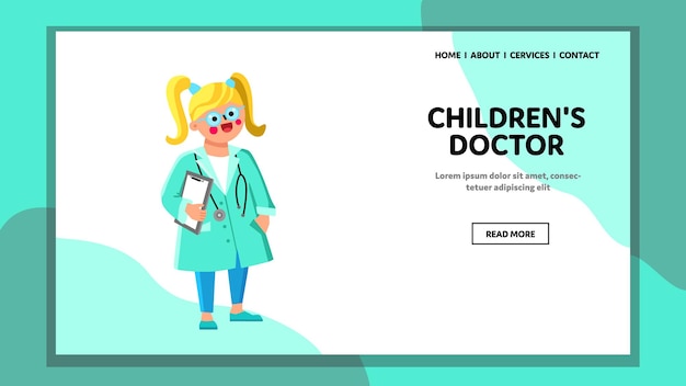 Children Doctor Profession Play Little Girl Vector. Children Doctor Game Playing Child, Wearing Medicine Suit, Glasses And Stethoscope, Holding Checklist. Character Web Flat Cartoon Illustration