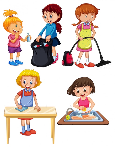 Children Doing Housework on white background