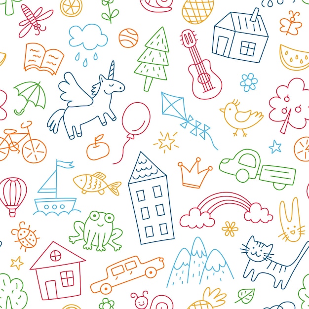 Children drawings seamless pattern Kids doodle texture Hand drawn cute house cat frog unicorn Baby seamless pattern Editable stroke Vector illustration on white background