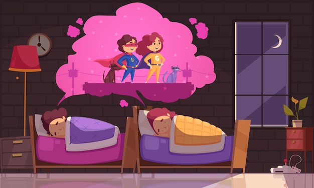 Children dreaming hero composition of cartoon kids characters sleeping in living room dreaming of becoming superheroes 