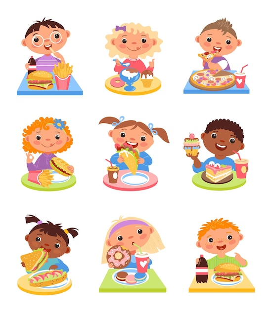 Children eat Happy kids have breakfast cartoon cute girls and boys dine at tables fast food and sweet dessert Burger pizza and sandwich everyday nutrition vector cartoon flat set