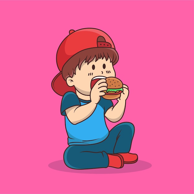 Children eating burger cartoon vector illustration