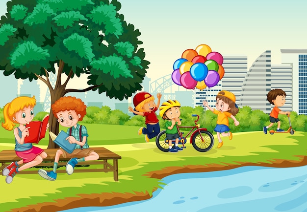 Children enjoy with their activity in the park scene