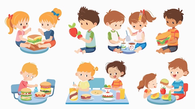 Vector children enjoying breakfast together boys and girls having healthy meal at morning time