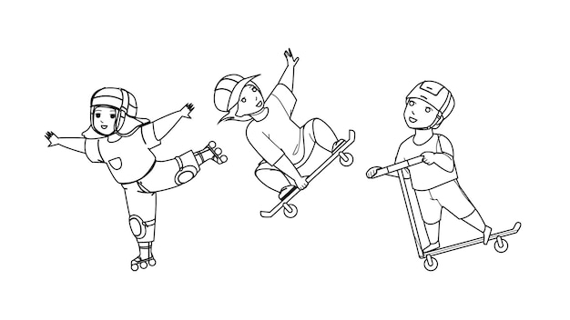 Children Enjoying In Extreme Skate Park Vector