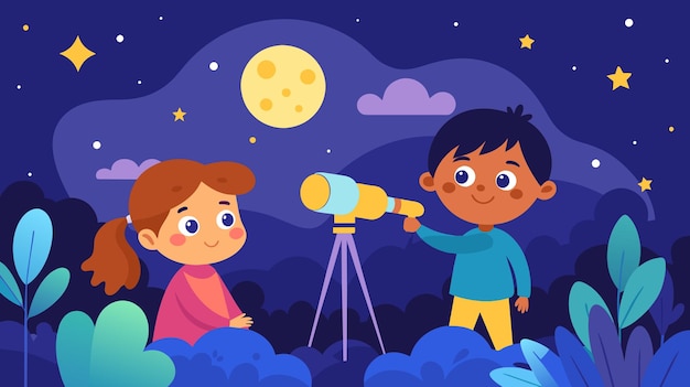 Vector children exploring the night sky with a telescope