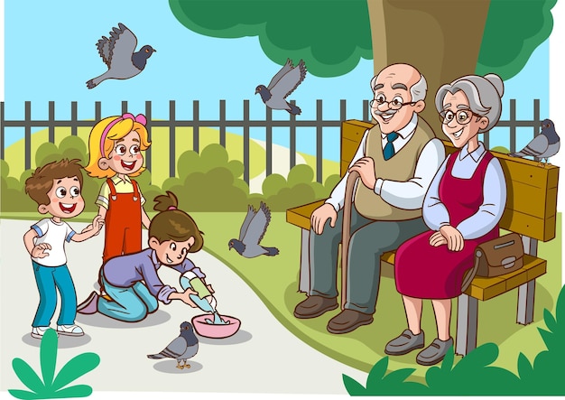 children feeding birds in park with grandparents