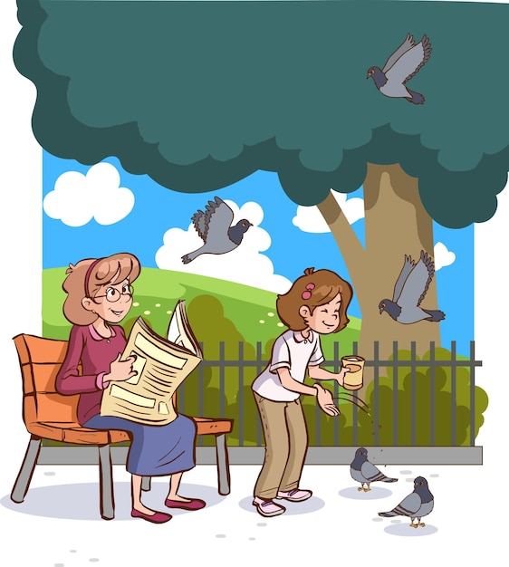 children feeding pigeons  cartoon vector