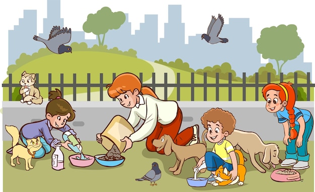 children feeding stray animals cartoon vector