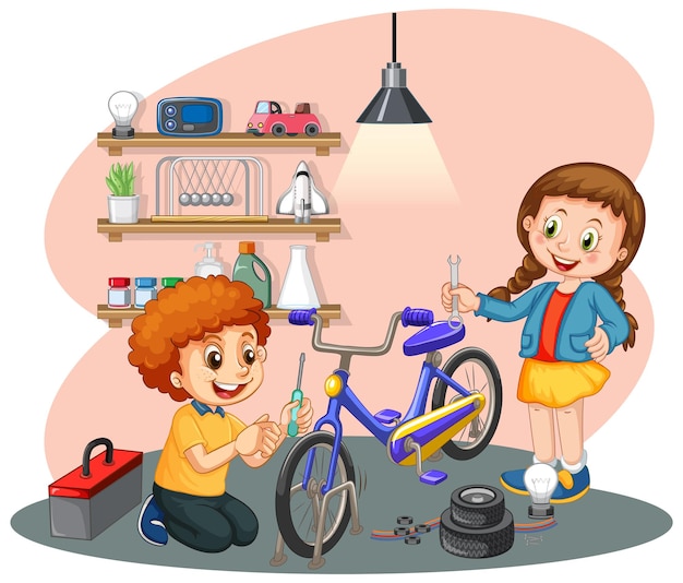 Children fixing a bicycle together