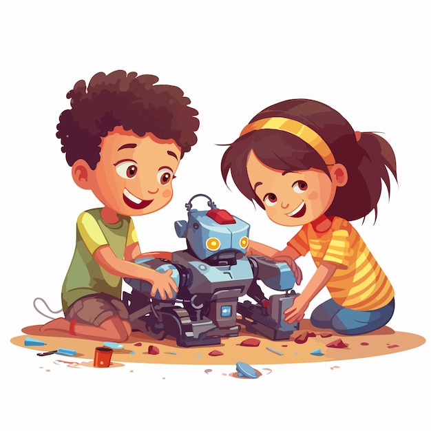 Children Fixing Robot Together on White Background