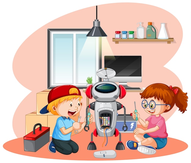 Children fixing a robot together