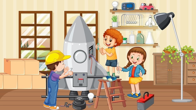 Children fixing a rocket toy together in the room scene