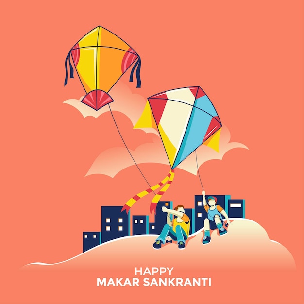 Vector children fly kites for the holiday makar sankranti hindu harvest festival