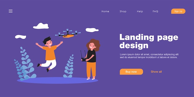 Children flying drone outside. Girl controlling drone with remote, boys running and jumping flat vector illustration. Technology, entertainment concept for banner, website design or landing web page