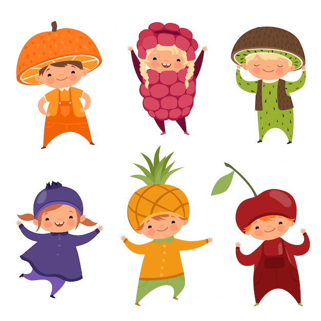 Vector children in fruit costumes. vector pictures of various funny clothes for kids