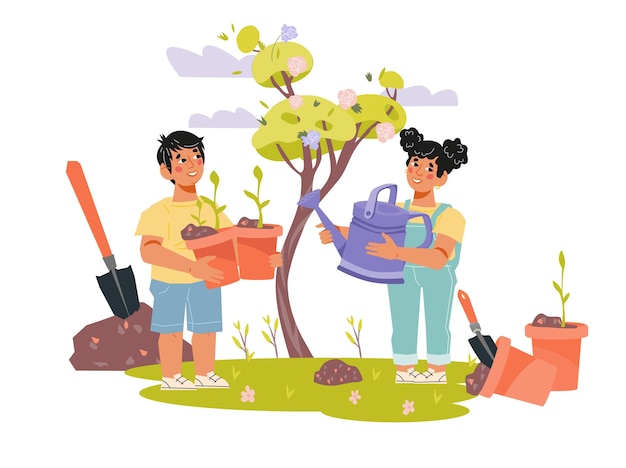 Children gardening and planting flowers and trees flat vector illustration isolated