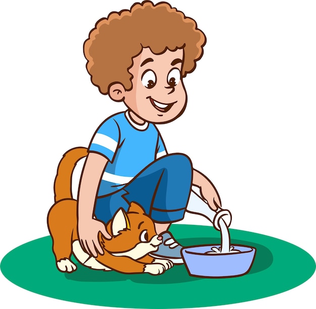 children giving milk to kitten cartoon vector