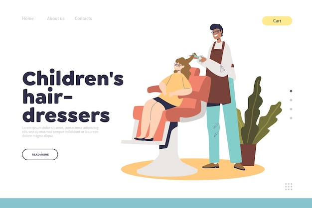 Children hairdresser concept of landing page with female hair stylist cut hair for teenage girl