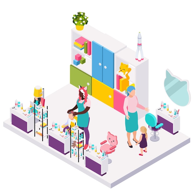 Children Hairdresser Isometric Composition