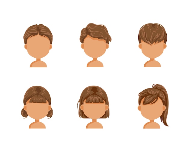 Children hairstyle set. Little girl and boys brown hair. Face of a little girl. Girl head. Child fashion hairstyles. Kid of trendy haircut.