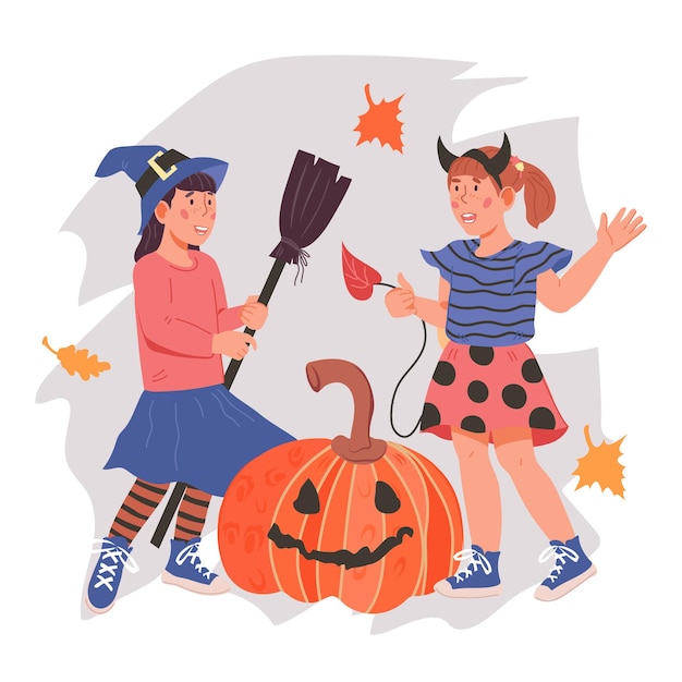 Children for Halloween banner or greeting card flat vector isolated