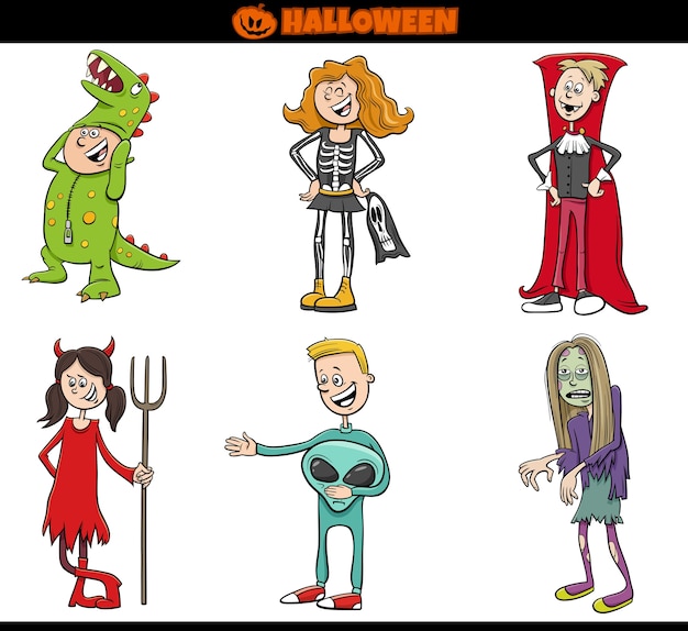 children in Halloween costumes set cartoon illustration