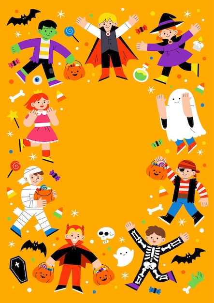 Children in Halloween fancy dress for Trick or Treating. Template for advertising brochure. Happy Halloween Concept.