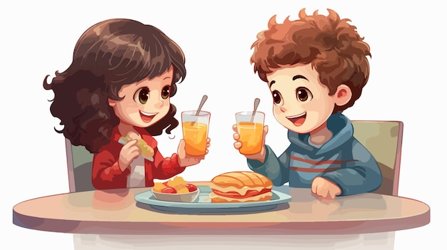 Children Having Dinner on Table Vector Illustration