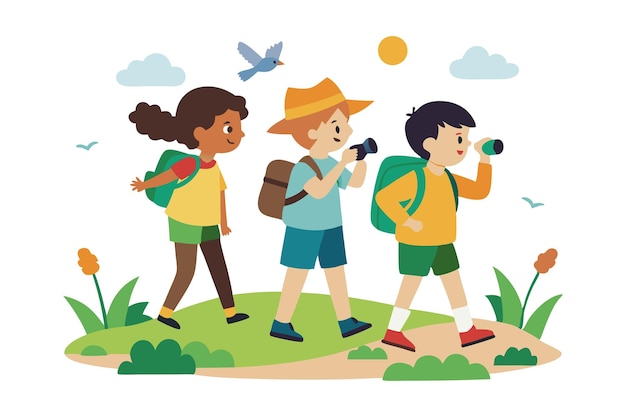 Vector children hiking and exploring nature with backpacks