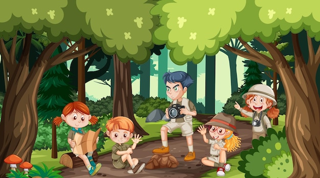 Children hiking in the forest