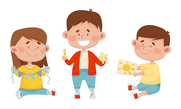 Children Holding Scissors and Doing Paper Craft Vector Illustrations Set