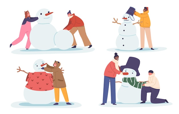 Vector children joyfully crafting snowmen with carrot noses and coal eyes their laughter echoing through the winter wonderland as they embrace the magic of a snowy day cartoon people vector illustration