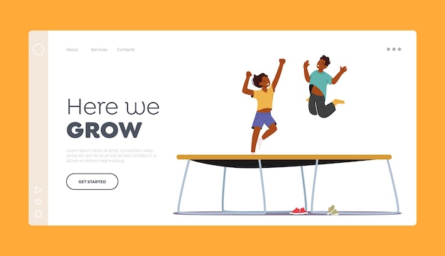 Children Jumping On Trampoline Landing Page Template Little Black Boy And Girl Having Fun at Summer Vacation or Weekend