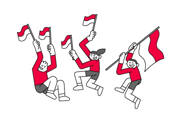 Children Jumping while Holding Flags Hand Drawn Character Illustration