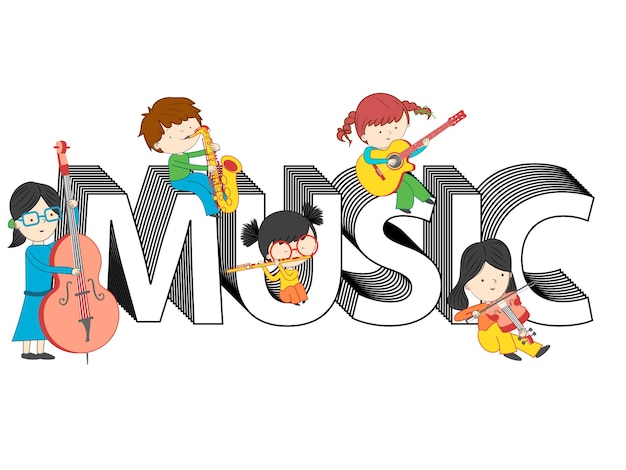 Children and kids playing and sitting on music text vector illustration isolated on white background