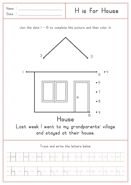 Children Learning Printable Connecting Dot to Dot Coloring Reading and Tracing Alphabet H