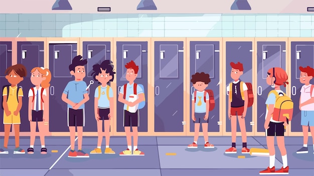 Vector children in locker room during physical education class