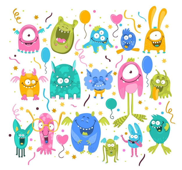 Children monster colorful icon set Cute cartoon funny monster characters with eyes tongue tooth