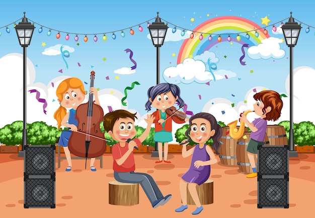 Children music band playing music instrument